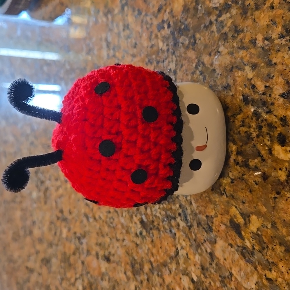 Cute marshmallow mug with Ladybug Crocheted Hat Decor